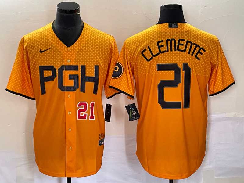Mens Pittsburgh Pirates #21 Roberto Clemente Number Gold 2023 City Connect Stitched Jersey->pittsburgh pirates->MLB Jersey